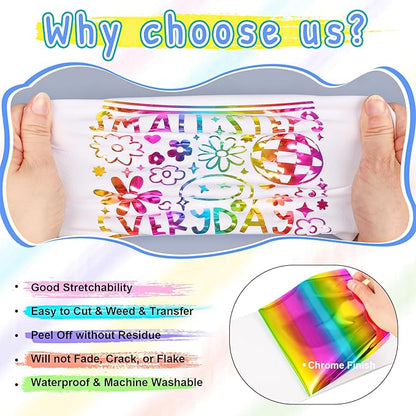 VINYL FROG Metallic Foil HTV Vinyl Roll 12" x12ft Rainbow Chrome Heat Transfer Vinyl Iron on Vinyl Easy to Cut & Weed DIY Heat Press Design for T-Shirts