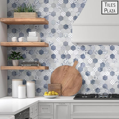 The Tiles Plaza 10-Sheet Peel and Stick Backsplash, Blue Cement Hexagon Stone Composite Marble Looks Self Adhesive Wall Tile, Stick On Tiles for Kitchen Bathroom Shower, Cover 9 Sq Ft.