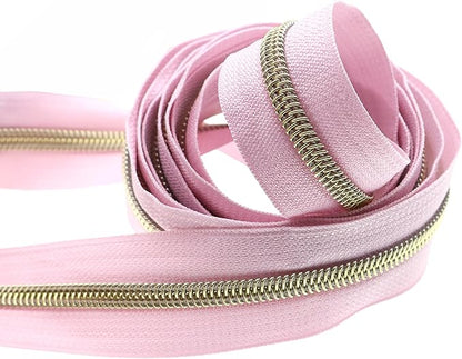 Leekayer #5 Gold Metallic Nylon Coil Zippers by The Yard Bulk 10 Yards Pink Zipper Tape with 25pcs Gold Ring Pull Sliders for DIY Sewing Tailor Craft Bag(Pink)