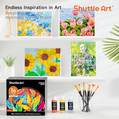 Shuttle Art Acrylic Paint Set, 36 Colors Acrylic Paint with Brushes & Palette, 2oz/60ml Bottles, Rich Pigments Non-toxic for Artists Kids & Adults, Painting on Canvas Rock Ceramic Wood