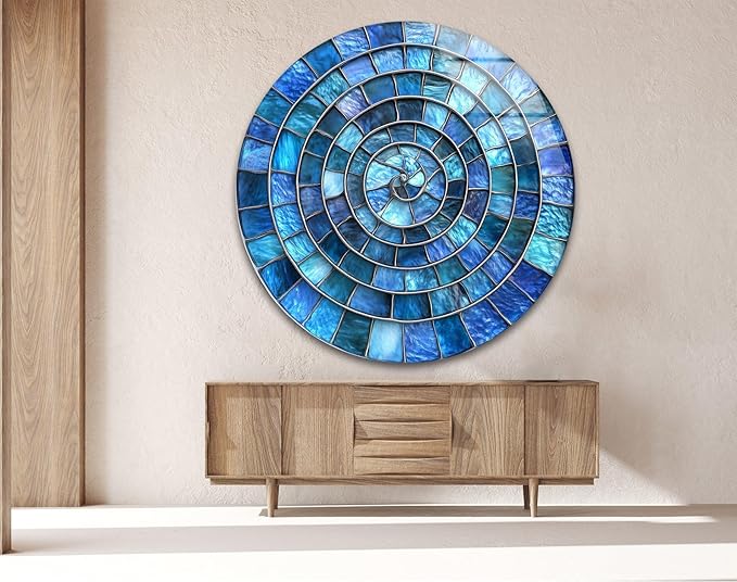 My Photostation.com 39,4''(100cm) Diameter Blue Aqua Spiral Harmony Round Glass Wall Art Tempered Glass Printing Wall Decor Large Wall Art Wall Hangings