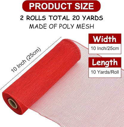 TONIFUL 2 Rolls 10 Inch Red Decorative Mesh Ribbbon Rolls, Fabric Mesh for Mesh Wreath Supplies, Front Door Wreath Crafts Tree Decor Christmas NewYears Halloween Decoration (10 yds/roll)
