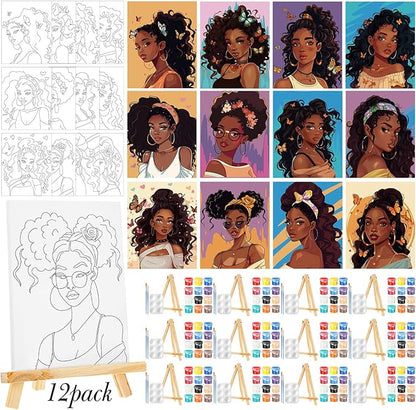 Zhanmai 12 Pack Pre Drawn Canvas for Painting Sip and Paint Kit 8" x 10" Paint Party Set Canvas Painting Pre Printed Canvases for Party Favor DIY Virtual Adult's Date Night(Charming Girl)