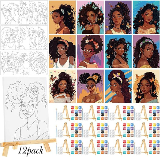 Zhanmai 12 Pack Pre Drawn Canvas for Painting Sip and Paint Kit 8" x 10" Paint Party Set Canvas Painting Pre Printed Canvases for Party Favor DIY Virtual Adult's Date Night(Charming Girl)