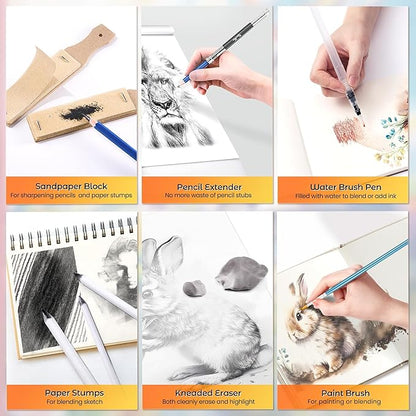 133 PCS Art Supplies Sketching Kit, Pro Drawing Pencils with Sketchbook, Coloring Book, Watercolor Pad, Black Paper Pad, Colored Graphite Charcoal Watercolor & Metallic Pencils for Artists Adults Kids