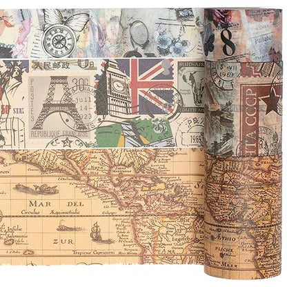 YUBX Vintage Washi Tape Set 10 Rolls Wide Decorative Antique Map Stamp Newspaper Masking Tapes for Arts, DIY Crafts, Journals, Planners, Scrapbook, Wrapping 9/16'', 13/16'', 1'', 1 3/4'', 2 3/8''