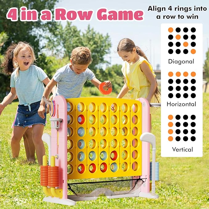 Ancaixin Giant 4 in-A-Row Connect Game Set, Adjustable Height Jumbo Yard Game with Basketball Hoop, Golf, Mesh Pocket & Ring Toss, Indoor Outdoor Family Backyard Party Game for Kids and Adults, Yellow