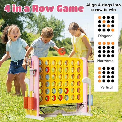 Ancaixin Giant 4 in-A-Row Connect Game Set, Adjustable Height Jumbo Yard Game with Basketball Hoop, Golf, Mesh Pocket & Ring Toss, Indoor Outdoor Family Backyard Party Game for Kids and Adults, Yellow