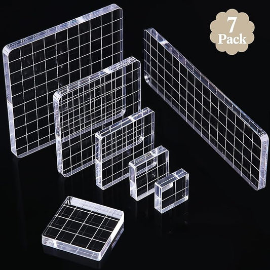 Mudder 7 Pieces Acrylic Stamp Blocks Set Clear Stamping Blocks Tools for Kids with Grid and Grip Scrapbooking Craft Making, Decorative DIY Essential Stamping Tool(Straight Edge)