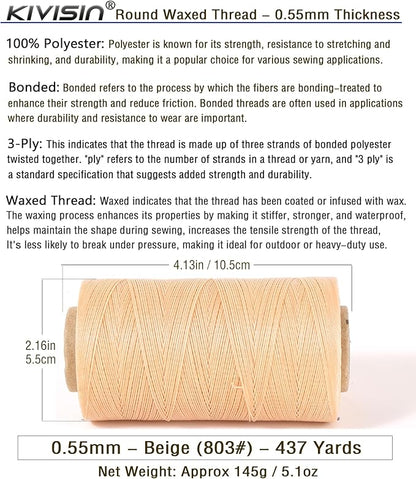 Sturdy Bonded Waxed Polyester Thread, 0.55mm, 437 Yards Wax String Cord - Beige for Leather, Hand Sewing, Stitching, Beading, Bookbinding, Bracelets and Macrame Jewelry Making