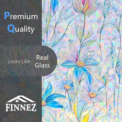 FINNEZ Window Privacy Film Stain Glass Film Flowers Rainbow Window Film Window Clings Non-Adhesive Reusable Decorative for Home（Blue Lotus，23.6 Inch x 13.1 Feet）