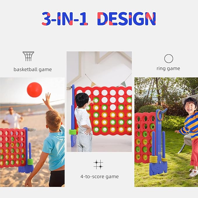 UNICOO Giant 4 in A Row Game with Carry Bag, Basketball Hoop, Ring Toss, 4-to-Score Game, Large Outdoor Yard, Parties & Gatherings (Blue & Red)