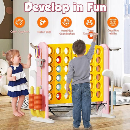 Ancaixin Giant 4 in-A-Row Connect Game Set, Adjustable Height Jumbo Yard Game with Basketball Hoop, Golf, Mesh Pocket & Ring Toss, Indoor Outdoor Family Backyard Party Game for Kids and Adults, Yellow