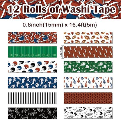 12 Rolls Football Washi Tape Sports Rugby Masking Tape Sport Decorative Tape for Scrapbook Journaling DIY Art Craft Party Decor Gifts Wrapping 16.4FT