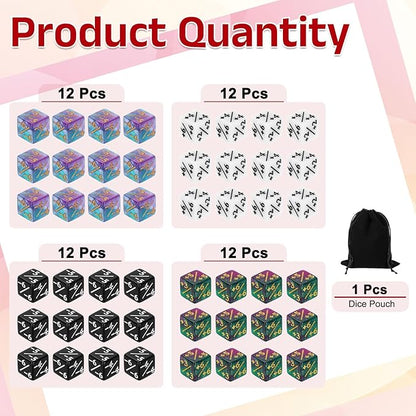 uxcell 48Pcs Magic Dice Counters, Acrylic D6 Life Token Dice Set with Pouch for Standard Cards Gaming Accessories, White, Black, Green & Purple, Blue & Purple