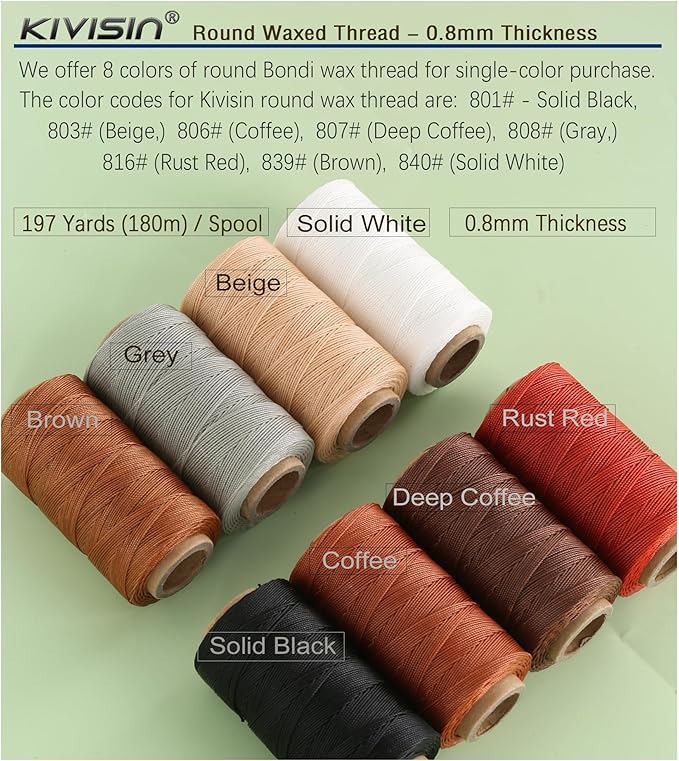 Bonded 0.8mm Round Waxed Polyester Cord, 3-ply Wax Coated Thread, 197 Yards Stiff String for Heavy Duty Fabric, Leather Sewing, Book Binding, Upholstery Repair, and Macrame Jewelry - Beige