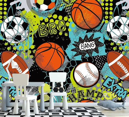 AFZEVEB-Colorful Graffiti Wallpaper Hand-Painted Ball Wall murals for Kids Room 136"x96"(Not Peel and Stick)