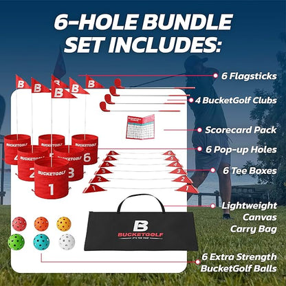 bucketgolf Game 6 Hole Bundle with Clubs - The Best Backyard Golf Game for All Ages and Levels Adults, Kids, Families, Schools, Yards, Parks, Beaches, Vacation. (4 Clubs (3 RH + 1 LH))