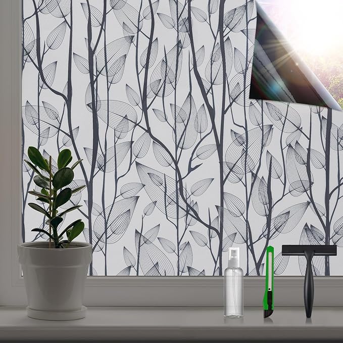 Leaf Pattern Window Tint with Installation Tools, Blackout Window Cover, Sun Blocking Window Tint for Home (Full Blackout Opaque, 17.7'' x 78.7'')