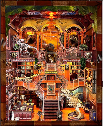 Book Nook Kit for Adults - DIY Dinosaur Museum Booknook, 3D Wooden Dollhouse Puzzle with LED Lights, Miniature Bookshelf Decor for Home Libraries