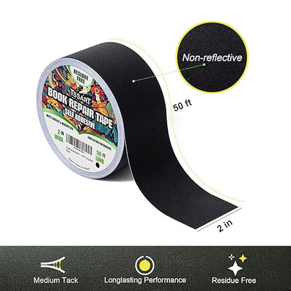 Book Repair Tape - Self Adhesive Matte Book Binding Tape for Reinforcing Protecting, and Covering Mending Books Old Books - 2 Inch Wide x 50 FT Long, Black