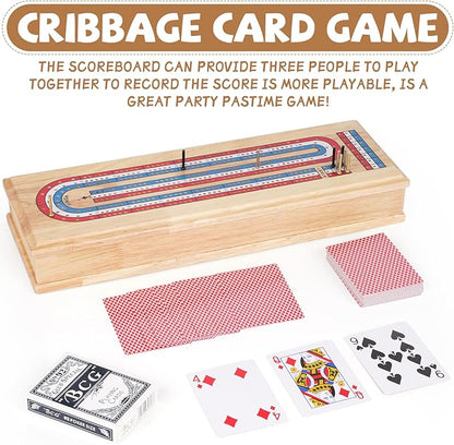Wooden Cribbage Board Game Set with Storage Drawer & Metal Pegs – Premium 3-Track Cribbage Board with Cards, Portable Travel Strategy Game for Adults, Kids & Family Game Night