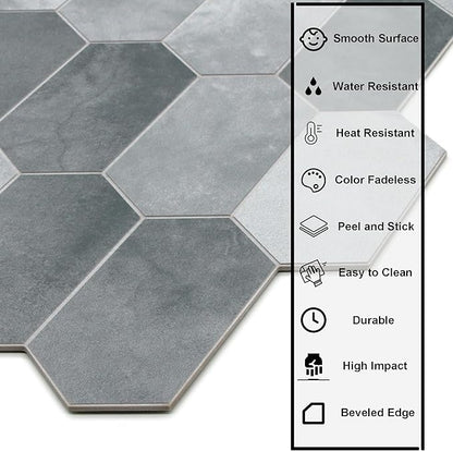The Tiles Plaza 10-Sheet Peel and Stick Backsplash, Grey Cement Long Hexagon Self Adhesive Wall Tile, Stone Composite Stick On Decorative Mosaic Tile for Kitchen Bathroom Fireplace