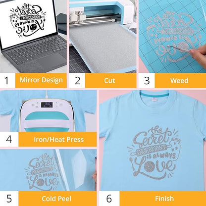 HTVRONT Silver Glitter Heat Transfer Vinyl - 10" x 5FT Silver Glitter HTV Vinyl for T-Shirts, Hats, Shoes & Bags