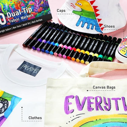 Fabric Markers Permanent for Clothes, 20 Colors Dual Tip with Fine and Chisel Tips Paint Pens for Clothing Canvas Tote Bags T-Shirt and Shoes, Non Toxic Ink for Kids and Adults