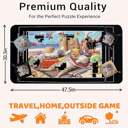 Lwoeo Jigsaw Puzzle Mat Roll Up 2000 Pieces, No Creases 48”x 31”Rubber Saver Pad, Black Large Puzzel Matte Rollup with 6 Sorting Trays & Travel Storage Bag for Sorting Table, Board, Puzzles Mats