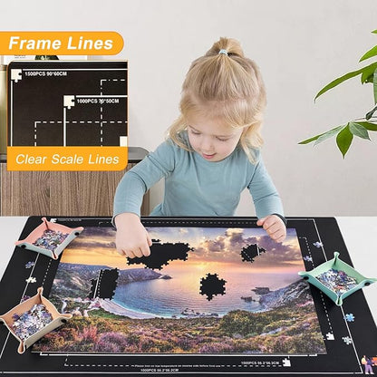 Napzy Rubber Puzzle Mat,Puzzle Matt Rollup,1500 Piece Puzzles Play Mat Has 6PCS Leather Puzzles Sorting Trays,41'' * 25'' Portable Jigsaw Keeper,Jigsaw Saver Board Roll Up with Storage Bag,Gift Box