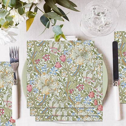 William Morris Party Napkins, 40PCS Greenery Floral Paper Napkins Disposable, Golden Lily White Green Wildflowers Party Supplies for Wedding Bridal Shower Theme Birthday Party Decorations 6.5 Inch