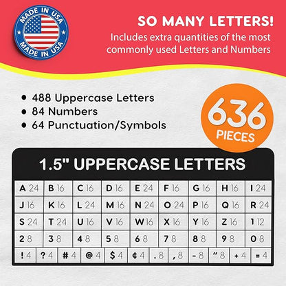 FreshCut Crafts 636 Pcs 1.5 in. Bright Bulletin Board Letters & Numbers, Capital Alphabet Letters, Numbers, Punctuation, US Made Card Stock Punch Outs for Posters, Bulletin Boards, Classroom