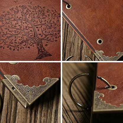 Photo Album DIY Scrapbook (10x10 inch 50 Pages Double Sided), Vintage Leather Cover Three-Ring Binder Family Picture Booth with 9 Color 408pcs Self Adhesive Photos Corners for Memory Keep, Tree