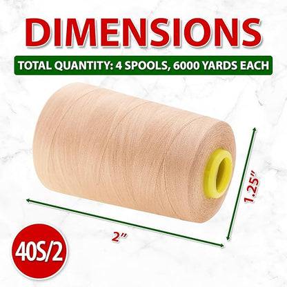 Mandala Crafts 4 Pack of Serger Threads Cones Spools - 40S/2 24000 Yards Polyester Nude Threads for Sergers Machine and Overlock Quilting Sewing Machine