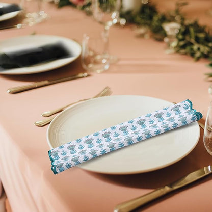 Ridhi Aquamarine Blue Hand Block Print Napkins 18" x 18" Set of 4 Reusable Cotton Dinner Napkins for Weddings, Parties & Everyday Dining, Thanksgiving, Christmas, Fall
