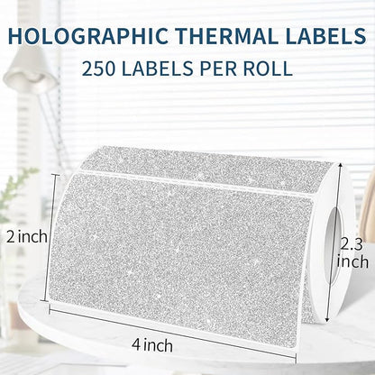 2" x 4" Glitter Silver Thermal Label Stickers,Waterproof Thermal Printer Sticker Labels for Gift Wrapping, Self-Adhesive Name Price Tag DIY Custom Logo Design (250 pcs,Silver)