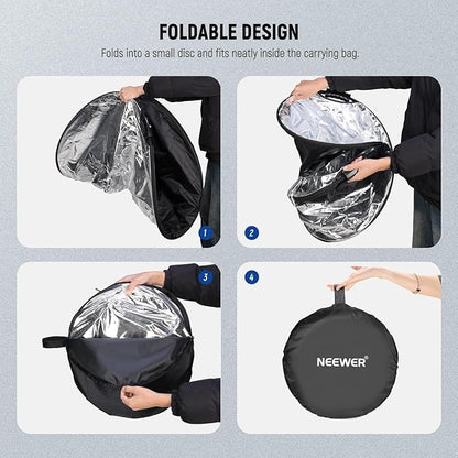 NEEWER 51"/130cm Light Reflector with Handle Grip & 3/8" Thread, 5 in 1 Foldable Disc Light Diffuser Translucent/Silver/Gold/White/Black for Photography Lighting, Outdoor Lighting, RF-130II