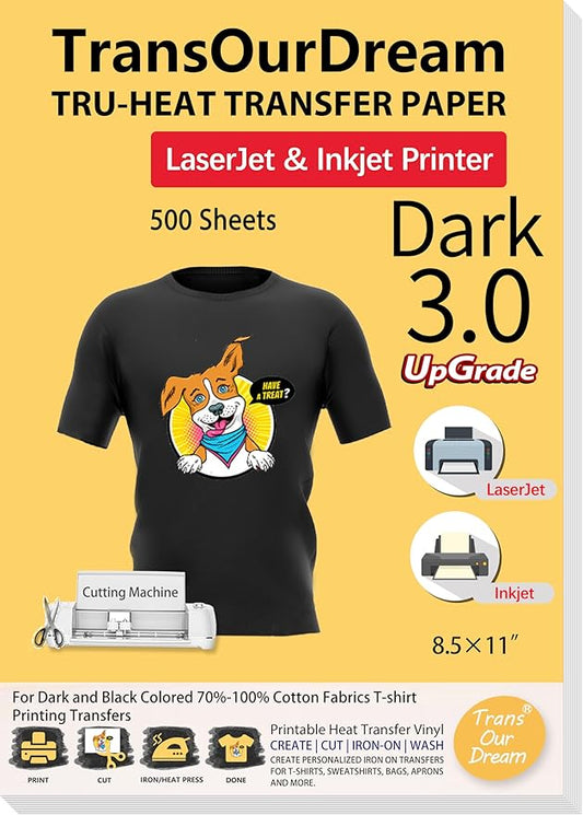 TransOurDream Tru-Heat Transfer Paper for Inkjet & Laserjet Printer (500 Sheets, 8.5x11", Dark 3.0) Printable HTV Heat Transfer Vinyl for T Shirts Iron on Transfers for Dark Fabrics
