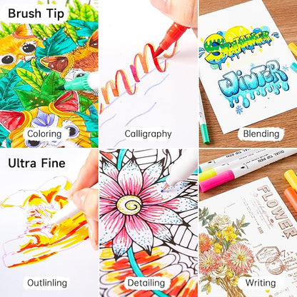 120 Colors Dual Tip Brush Marker Pens with 1 Coloring Book, Fineliner and Brush Dual Tip Markers Set, Water-based Ink Perfect for Kids Adult Artist Calligraphy Hand Lettering Journal Doodling Writing