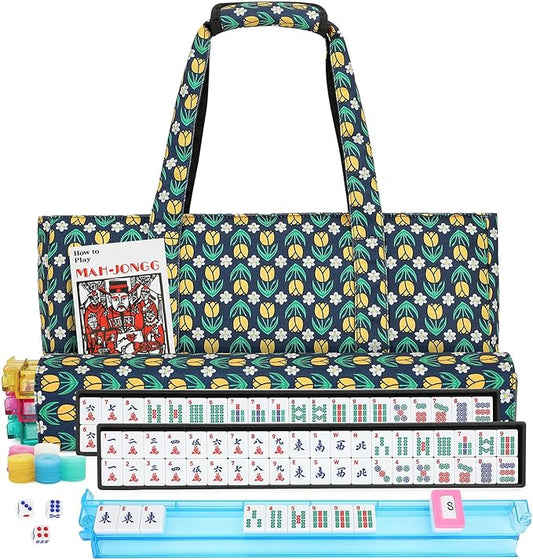 Mahjong Tile Set,166 White Tiles Mahjong Set,4PCS Mahjong Racks with Pushers,Travel Mahjong Set with Flower Carrying Bag
