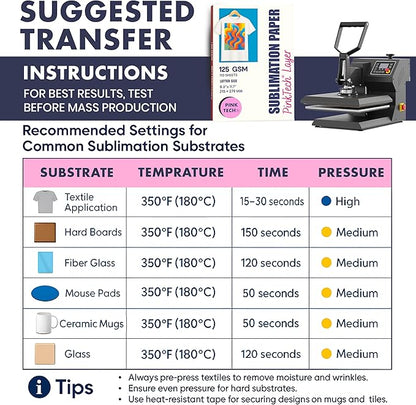 Hayes PinkTech Sublimation Paper 8.5x11 Inch 110 Sheets 125gsm for Inkjet Printer Epson Canon Sawgrass Heat Transfer Paper Works with Sublimation Ink for T-Shirts Mugs Tumblers Sublimation Blanks