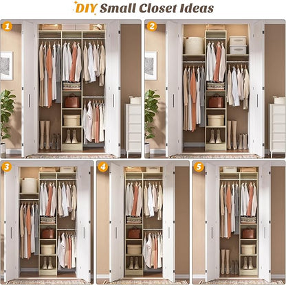 48" Small Closet Organizer, 4FT Small Closet System with 4 Closet Rods & 3 Shelves, 80"H Small Closet Organizers and Storage for Small Bedooms, Cloakrooms, Laundry Rooms, White Oak