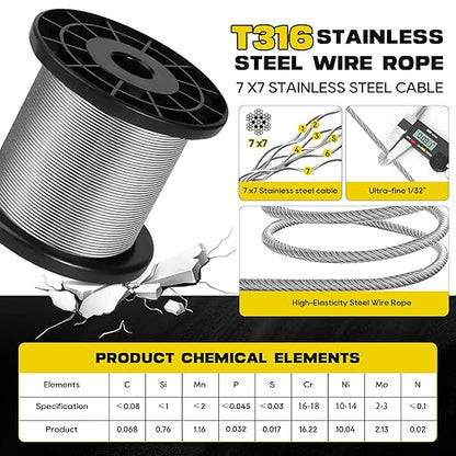 316 Stainless Steel Cable, 200FT 1/32IN Wire Rope 7 * 7 Strand with 50Pcs Aluminum Sleeves Stops, Guide Wire for Outdoor String Lights for String Lights Hanging, Clotheslines, Trellis (200FT)