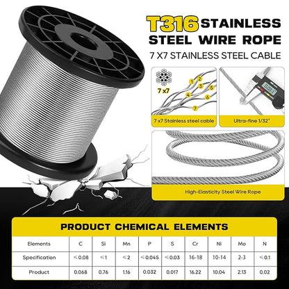 316 Stainless Steel Cable, 400FT 1/32IN Wire Rope 7 * 7 Strand with 100Pcs Aluminum Sleeves Stops, Guide Wire for Outdoor String Lights for String Lights Hanging, Clotheslines, Trellis (400FT)