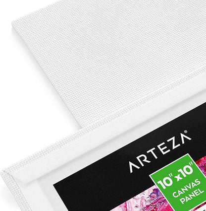 ARTEZA Canvas Boards for Painting, 10 x 10 Inches, Pack of 14, Blank White Square Canvas Panels for Acrylic, Oil and Gouache Painting