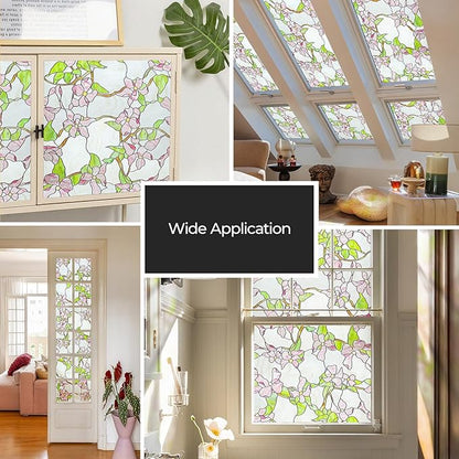 3D Stained Glass Window Film, Decorative Window Privacy Film for Bathroom,Front Door,Home, Sun Blocking Heat Control,Static Cling,23.6inch x 35.4inch Pink sprigs