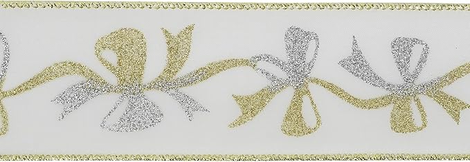 MEEDEE Gold & Silver Christmas Ribbon - 2.5 Inch White Satin with Glittery Bows Pattern - 10 Yards Wired Ribbon for Tree, Garlands & Toppers