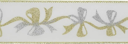 MEEDEE Gold & Silver Christmas Ribbon - 2.5 Inch White Satin with Glittery Bows Pattern - 10 Yards Wired Ribbon for Tree, Garlands & Toppers