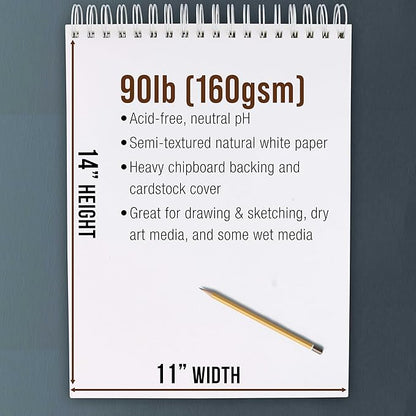 U.S. Art Supply 11”x14 Premium Heavy-Weight Paper Spiral Bound Sketch Book: 90 Pound (160gsm), 30-Sheet Drawing Pad (2 Pack)